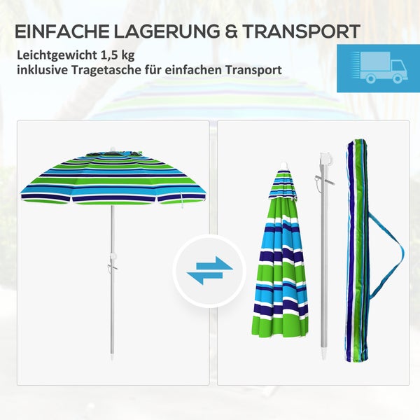 Gestreifter Sonnenschirm, geöffnet und zusammengeklappt mit Tragetasche, Gewicht 1,5 Kilogramm für einfachen Transport.
