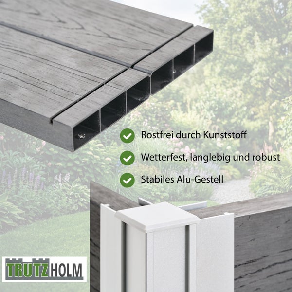 WPC Sichtschutzelement von Trutzholm mit Aluminiumpfosten und rustikaler Oberflächenstruktur fuer den Gartenbereich.