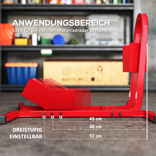 Motorrad-Radständer, dreistufig einstellbar für verschiedene Radgrößen in 43 Zentimeter, 48 Zentimeter und 51 Zentimeter.