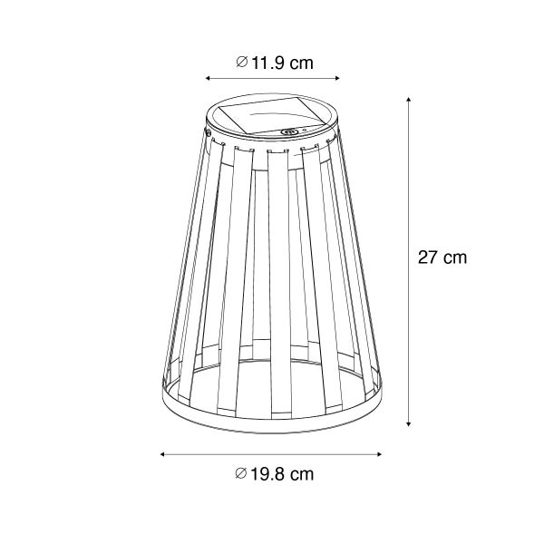 Abmessungen der Solarleuchte: Höhe 27 Zentimeter, oberer Durchmesser 11,9 Zentimeter und unterer Durchmesser 19,8 Zentimeter.