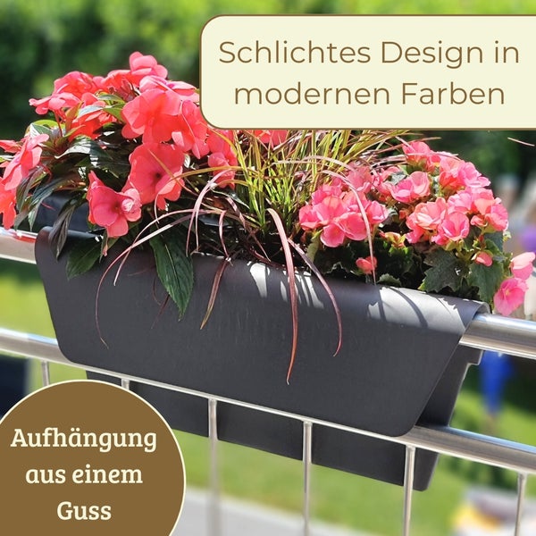 Dunkelgrauer Balkonkasten aus Kunststoff mit integrierter Aufhängung für Balkongeländer, bepflanzt mit Blumen.