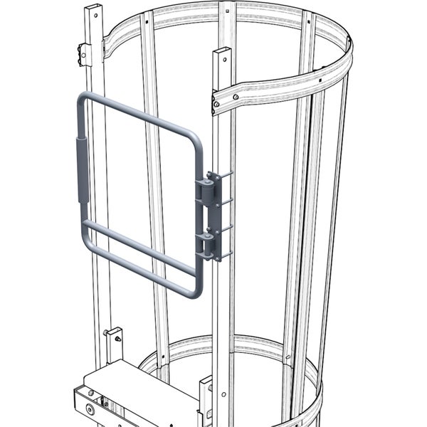Draufsicht eines Käfigleitersystems mit Schutzkorb und selbstschließender Tür