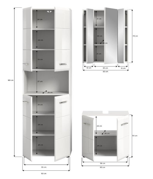 Maßzeichnung für ein weißes Badmöbel-Set mit Hochschrank, Spiegelschrank und Waschbeckenunterschrank inklusive aller Maße in Zentimeter.