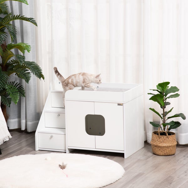 PawHut Katzenschrank für katzentoilette Katzenklo mit 3 Stufen der Treppe Katzenhaus Katzenhöhlen Katzenschrank für Katzenbett mit Türöffnung Weiß 90 x 48 x 59 cm