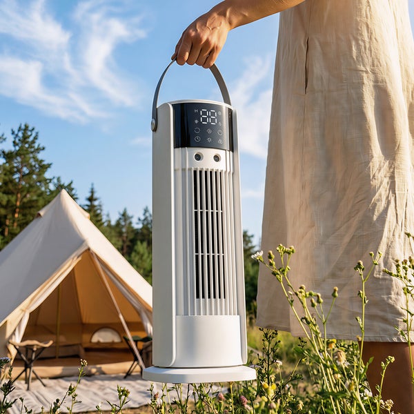 Tragbarer Turmventilator mit digitaler Anzeige und Griff beim Camping im Freien neben einem Zelt.