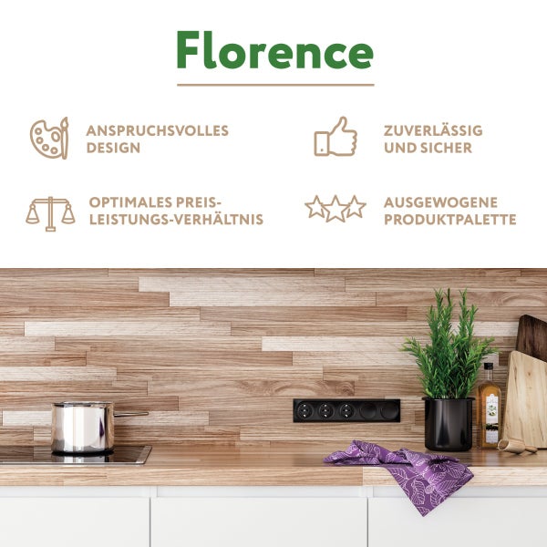 Infografik zur Produktreihe Florence mit Merkmalen wie Design und Preis-Leistung in einer modernen Küche mit Holzoberfläche und Steckdosenleiste.