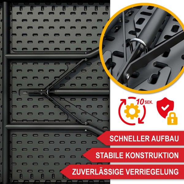 Detail der Unterseite eines Klapptisches mit stabiler Konstruktion, zuverlässiger Verriegelung und schnellem Aufbau in 10 Sekunden.