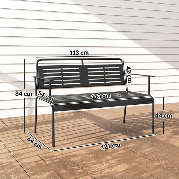 Outsunny 2-Sitzer Gartenbank, Sitzbank mit Lamellen-Design, wasserabweisend Gartenmöbel mit Rücken- & Armlehnen, Parkbank 240kg belastbar, Balkonbank für Terrasse, Garten, 121 x 64 x 84cm, Schwarz