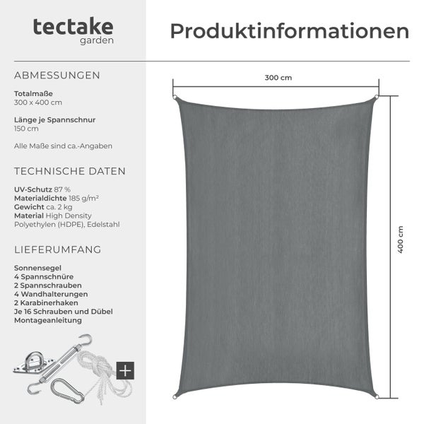 Tectake Sonnensegel, rechteckig, 300 x 400 cm, inklusive Befestigungsmaterial