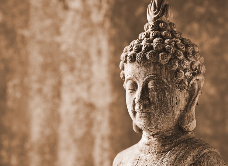 Nahaufnahme eines Buddha-Kopfs aus Stein für die Gartendekoration mit geschlossenen Augen in meditativer Haltung.