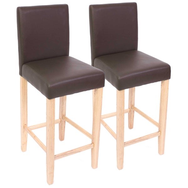 Zwei Barhocker mit braunen Sitzen und Holzgestell