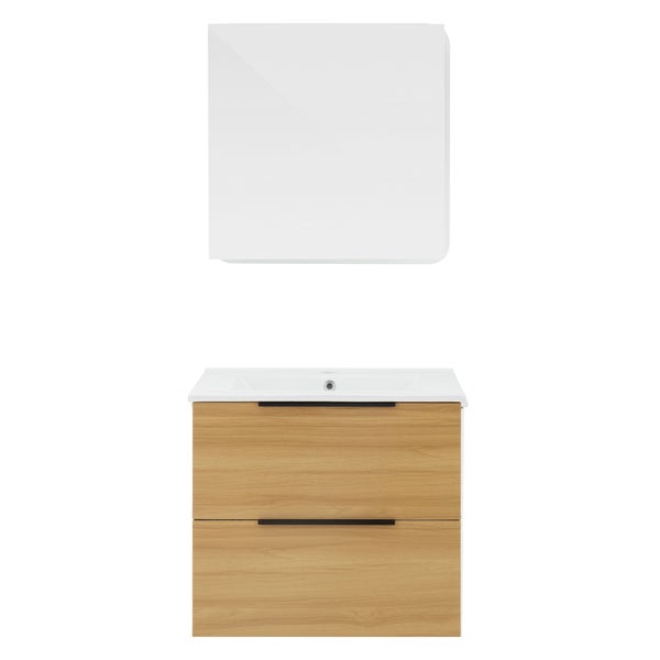 ML-Design Badmöbel-Set 3-teilig, Spiegel 60x60 cm, Unterschrank 60x46,5x53,5 cm, MDF, Braun, Waschbecken 61cm, Keramik, Weiß, modern, Waschtisch, Badezimmermöbel, Badezimmer Möbel, viel Stauraum