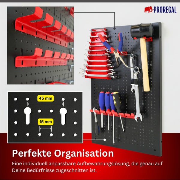 Schwarze Werkzeuglochwand aus Metall mit roten Haltern und Werkzeug. Detailansicht der Lochabstände von 15 Millimeter und 45 Millimeter. PROREGAL Logo.