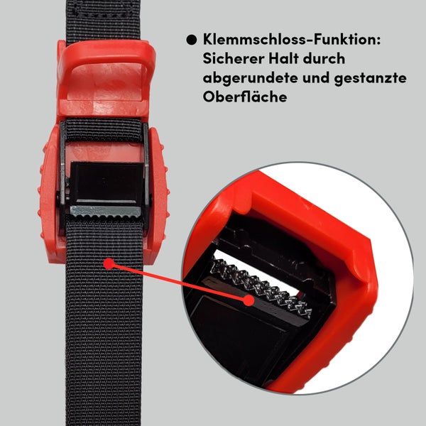 Zurrgurt mit Klemmverschluss und gezahnter Oberfläche für sicheren Halt.