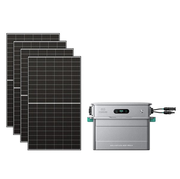 Zendure SolarFlow 800 Pro 2 Balkonkraftwerk Set mit vier Solarmodulen und einem Speichersystem.