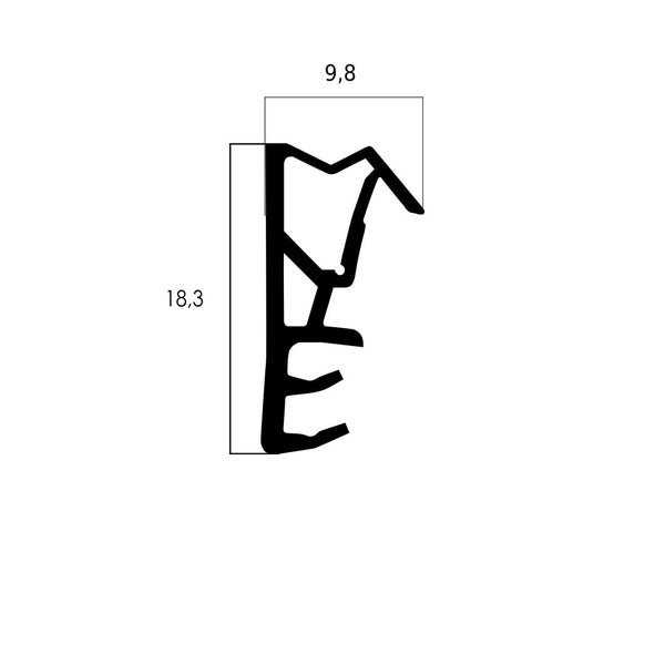 Technische Zeichnung einer Profildichtung mit den Maßen 18,3 Millimeter Höhe und 9,8 Millimeter Breite.