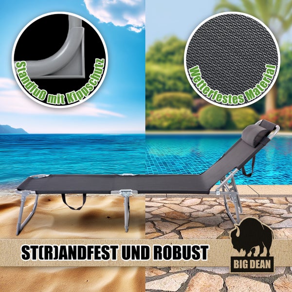 Sonnenliege mit wetterfestem Material, kippsicherem Standfuß und Big Dean Logo