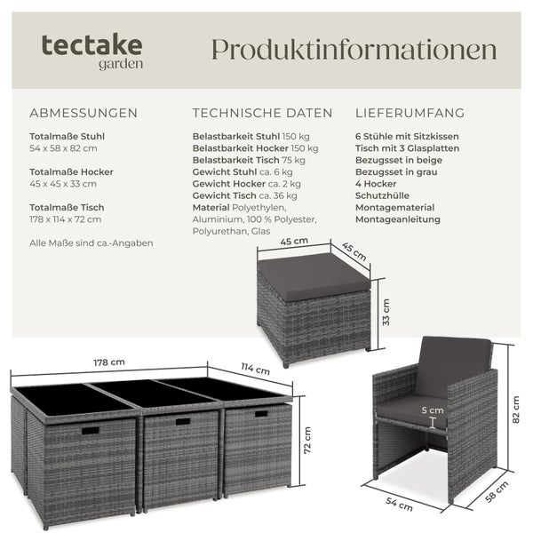 Rattan Sitzgruppe tectake New York 2 Bezugssets, zusammenschiebbar, inklusive Schutzhülle mit Aluminiumgestell grau