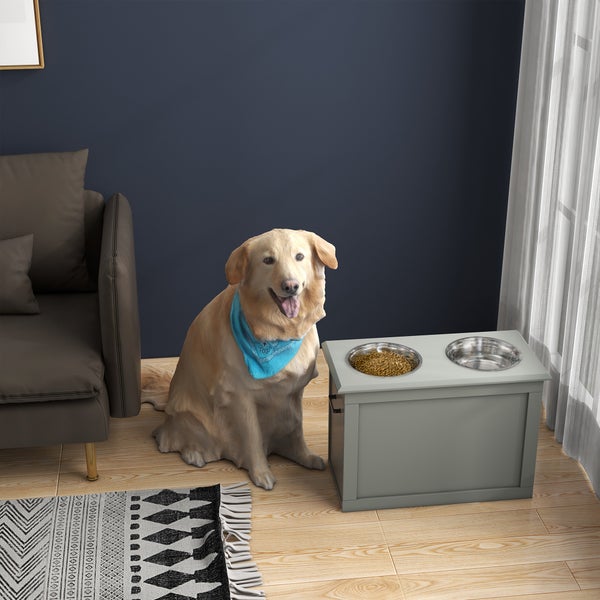 PawHut Hunde Fressnapf mit Staumraum 2 Näpfen Futterstation Edelstahlnapf Katzenapf Edelstahl Grau 60 x 30 x 41 cm