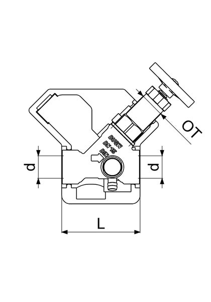 Technische Zeichnung eines Schrägsitzventils mit Maßangaben für Durchmesser, Baulänge und Oberteil sowie Kennzeichnungen für Normen und Nennweite 15.