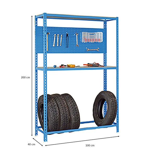 PROREGAL Reifenregal mit Arbeitsfläche Metal Shark NO.4 HxBxT 200 x 100 x 40 cm 6 Reifen Blau