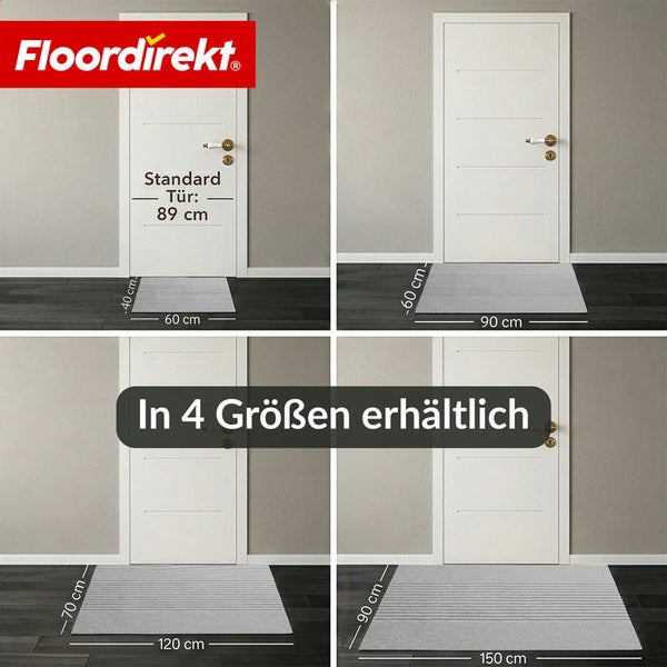 Eine Fußmatte vor einer Standardtür in vier Größen: 60 mal 40, 90 mal 60, 120 mal 70 und 150 mal 90 Zentimeter. Floordirekt Logo.