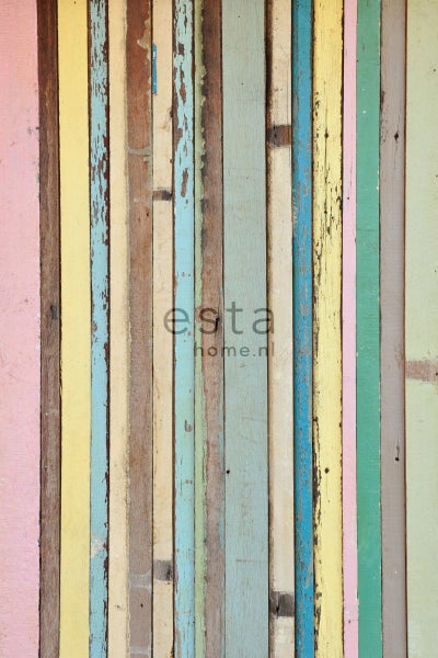 ESTAhome Fototapete Holz-Optik Hellrosa, Gelb, Blau und Grün - 200 x 279 cm - 157703
