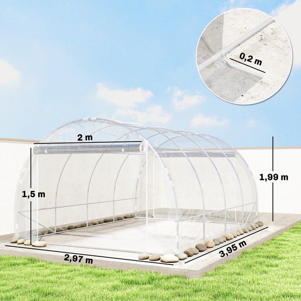 Foliengewächshaus: Breite 2,97 Meter, Länge 3,95 Meter, Höhe 1,99 Meter, Seitenhöhe 1,5 Meter, Öffnung 2 Meter, Erdstreifen 0,2 Meter.