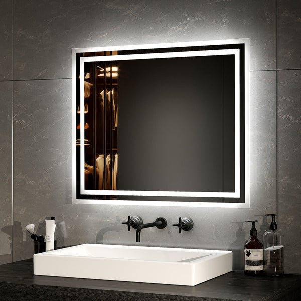 EMKE Badspiegel mit Beleuchtung 60 x 50 cm, Warmweiß/Kaltweiß, seitlicher Kippschalter, beschlagfrei, Aluminiumrahmen, IP44, für Badezimmer
