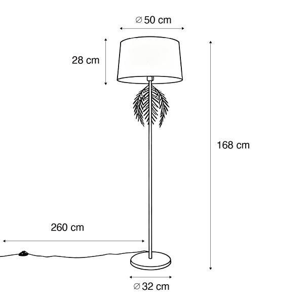 Abmessungen einer Stehlampe mit Lampenschirm und dekorativen Palmblättern.