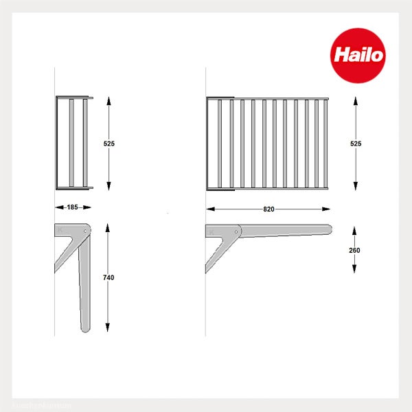 Maßzeichnung Hailo Klapptisch mit Abmessungen in Millimeter und Hailo Logo.