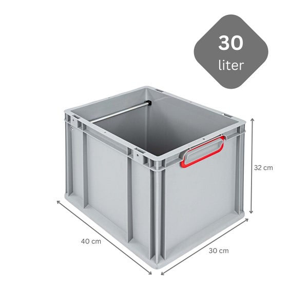 Graue 30 Liter Lagerbox mit Griffen und den Maßen 40 x 30 x 32 cm