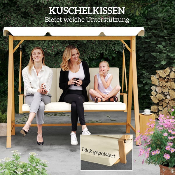 Outsunny Hollywoodschaukel mit verstellbarem Sonnendach Sitzauflage, Holzoptik 3-Sitzer Gartenschaukel belastbar bis 330kg, Schaukelbank für Garten, Terrasse 198 x 120 x 170cm, Beige