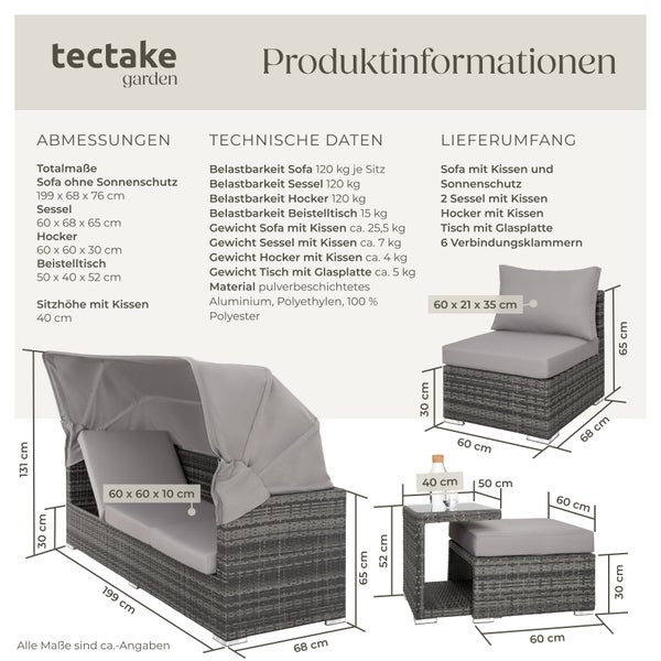 Rattan Lounge tectake San Marino mit Sicherheitsglasplatte, variabel aufstellbar mit Aluminiumgestell grau
