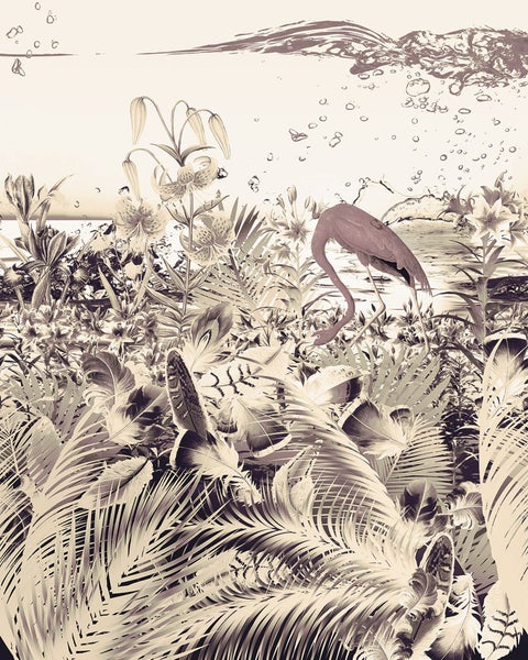 Illustration eines tropischen Gartens mit Pflanzen, Federn, einem Flamingo und einer Wasseroberfläche