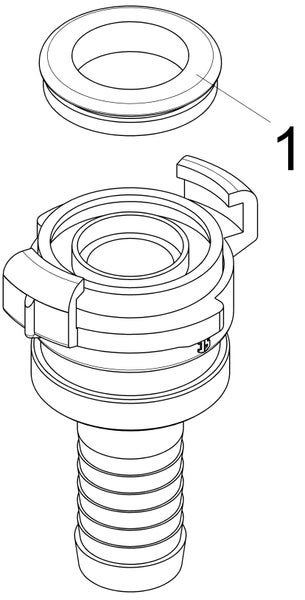 Technische Zeichnung eines Schlauchanschlusses mit separater Dichtung, markiert mit der Nummer eins.