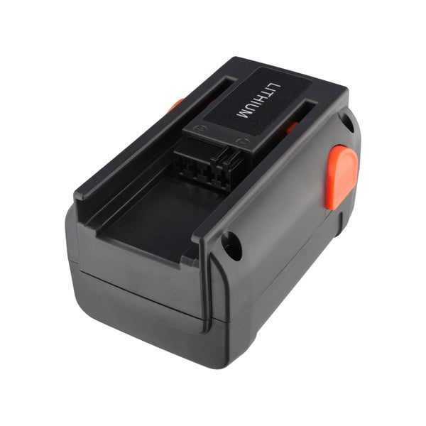 Schwarzer Lithium-Ionen-Akkupack für Elektrowerkzeuge mit orangefarbenem Entriegelungsknopf.