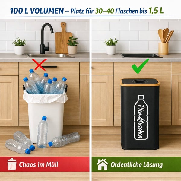 Vergleichsbild eines vollen Abfalleimers mit leeren Pfandflaschen und eines ordentlichen Pfandflaschensammlers mit 100 Liter Volumen.