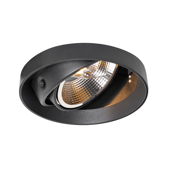 Runder Einbaustrahler in Schwarz, schwenkbar, mit warmem Licht.