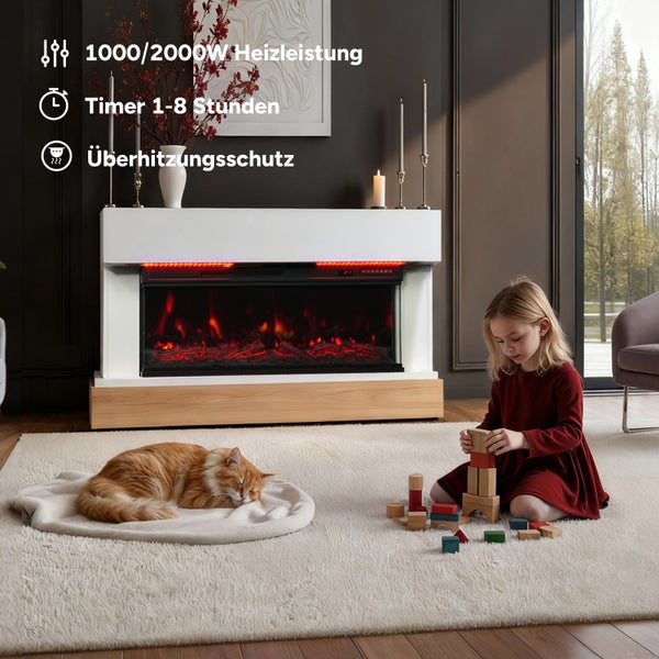 Wohnzimmer mit Elektrokamin, Katze und spielendem Kind