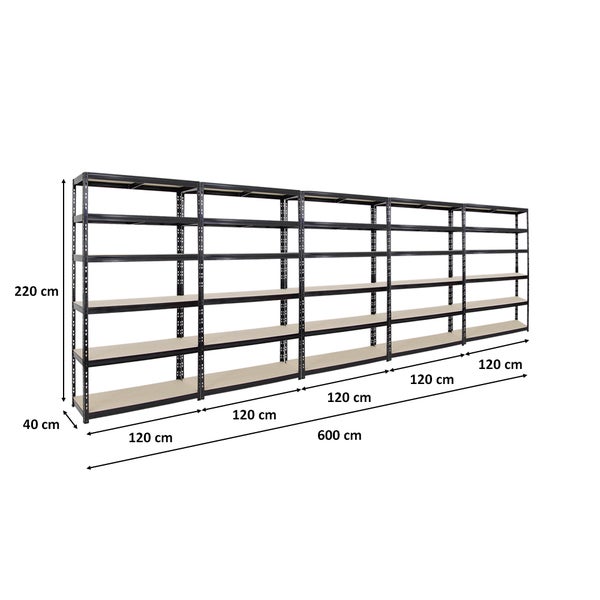 PROREGAL Mega Deal 5x Schwerlastregal Giant Tiger XL HxBxT 220 x 120 x 40 cm Fachlast 265 kg 6-Ebenen Schwarz