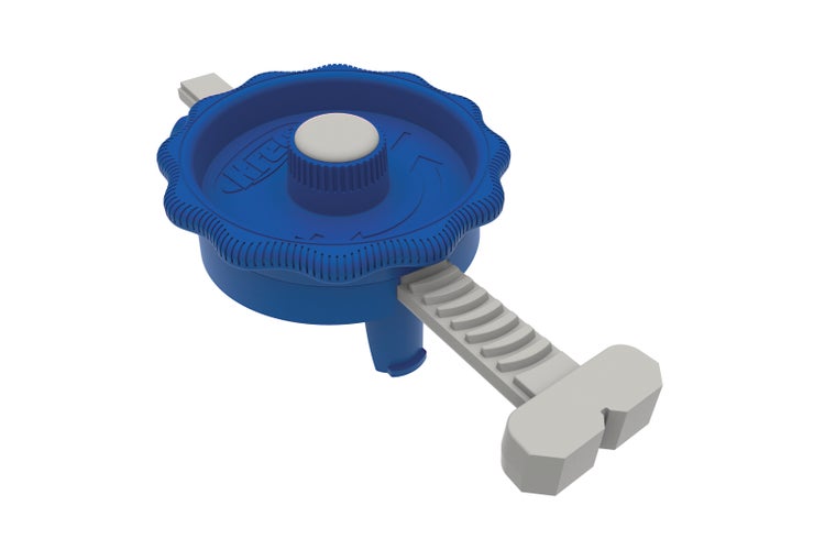 Blaues Kreg Kunststoff Einstellrad und grauer Schiebemechanismus für Schranktürmontageschablone.