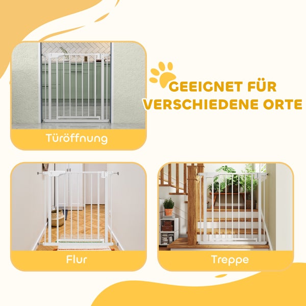 Weißes Metall-Schutzgitter für Haustiere oder Kinder, dargestellt in Türöffnung, Flur und an einer Treppe.