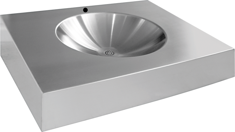Quadratisches Waschbecken aus Edelstahl mit runder Innenform und Hahnloch.