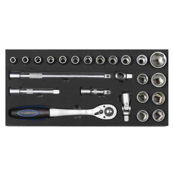 PROREGAL Werkzeug Satz für Werkstattwagen Cheetah Plus Steckschlüssel Garnitur 1/2 24 Teile mit Schaumstoff Schubladeneinlage HxBxT 3,5 x 40 x 19 cm