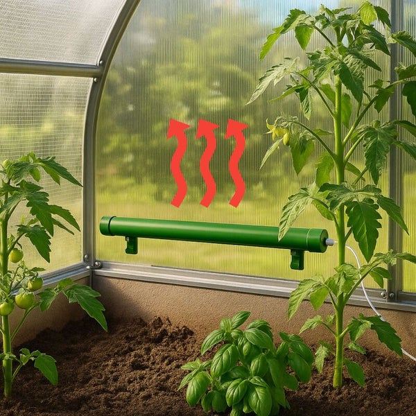 Gewächshaus mit Heizstab und Pflanzen