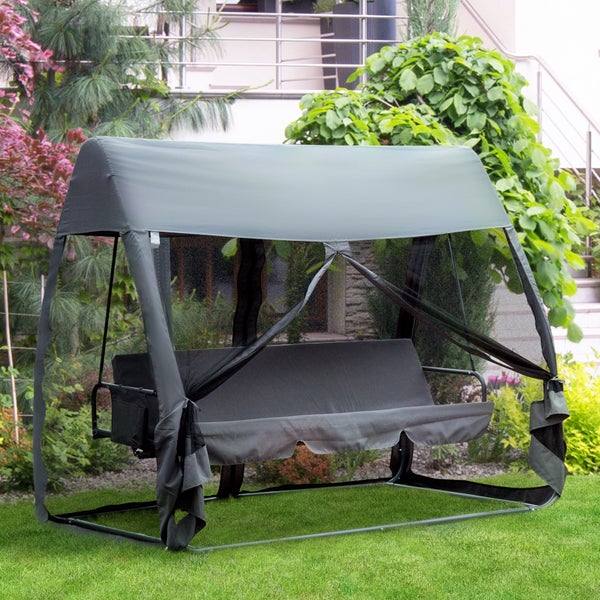 Outsunny Hollywoodschaukel, 3-Sitzer Gartenschaukel mit Seitenwänden, 240x140x197cm, Metall, Polyester, Oxford, Moskitonetz, Grau