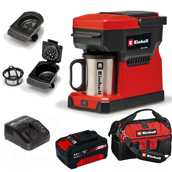 Einhell Akku-Kaffeemaschine mit 18 Volt Power X-Change Akku, Ladegerät, Edelstahlbecher, Filterhaltern und Transporttasche.