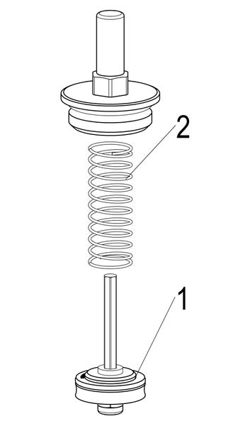 Technische Explosionszeichnung einer Ventilbaugruppe mit Feder und Führungsschaft, gekennzeichnet mit Positionsnummern eins und zwei.