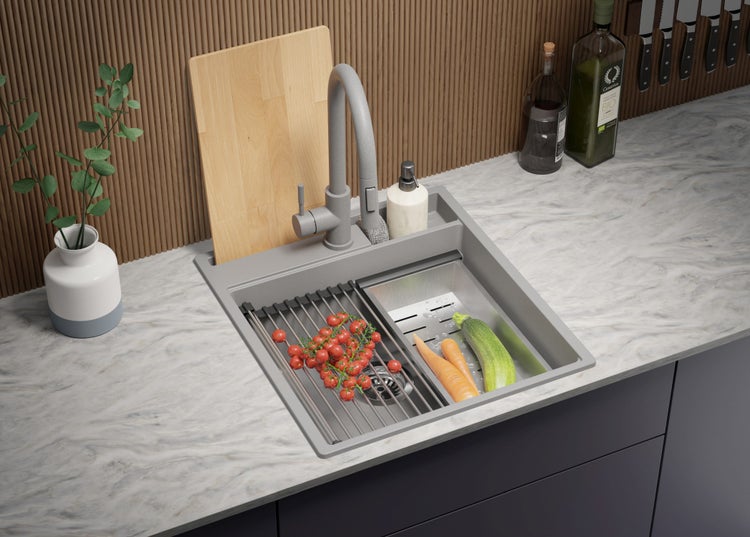 PRIMAGRAN Spülbecken Grau 48x53cm, Granitspüle 1 Becken + Ablauf-Set + Küchenzubehörset, Küchenspüle ab 50er Unterschrank - Oslo Pocket